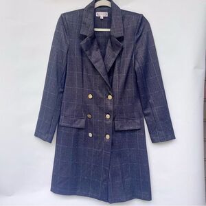 Nanette Lepore Plaid Long Blazer Grey Pink 3-Button Shoulder Pads Chic